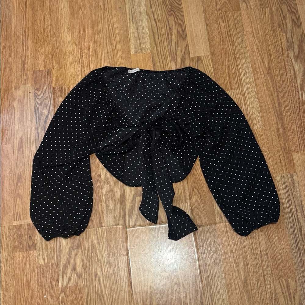 Active USA Black Polka Dot tie chiffon crop top